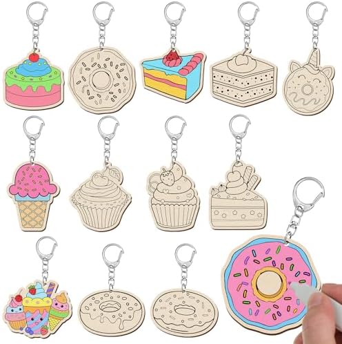 Trnayi 36 Pcs Dessert Unfinished Wood Keychain Color Your Own DIY Craft | Dessert Wooden Keychain, Color Your Own Unfinished Craft, Blank Wood Painting DIY Craft, for Summer Party Art Project