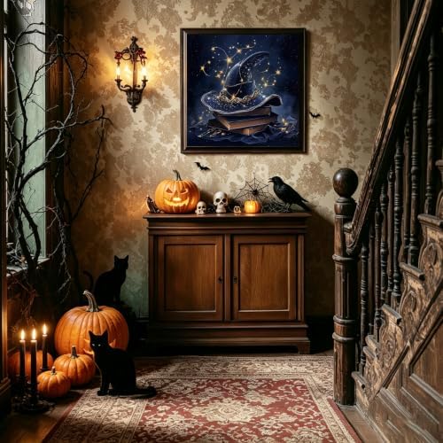 Halloween Paint by Numbers Kit for Adults with Frame Easel 10x10 inch | Halloween Hat Framed Paint by Number Adult,Book Adult Paint by Number, Magic Home Wall Decor DIY Acrylic Oil Painting