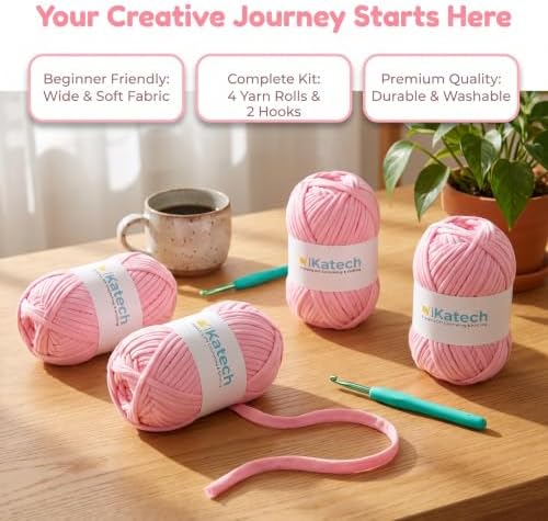 Katech 400g T Shirt Yarn for Crocheting, Elastic Fabric Yarn for Bag-Pink