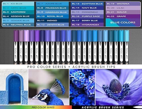TOOLI-ART 22 Flexible Brush Tip Acrylic Paint Pens Markers Set 1-7mm Line for Rock Painting, Glass, Mugs, Wood, Metal, Canvas, Plastic. Non Toxic Waterbased Quick Drying Assorted Blue