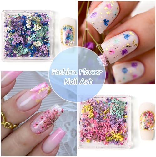4 Boxes 3D Dried Flowers for Nails, Mini Dried Flowers Nail Stickers Decals
