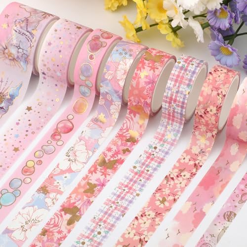 9 Rolls Gold Floral Washi Tape Set,Gold Foil Pink Floral Pattern Decorative Tape,Butterfly Star Decorative Masking Tapes for DIY Scrapbook Design Journaling Handbook Making Card Wrap Craft Gift