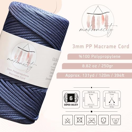 Makromecity, Premium Polyester Macrame Cord 3mm x 131 Yards (394 feet) 3mm Polypropylene Denim Blue Macrame Cord Crochet Macrame Bag Cord Crafts for Wall Hangings, Bags, Underplate, Rug