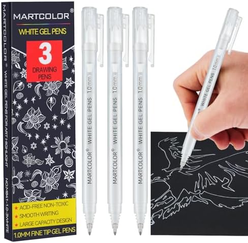 MARTCOLOR White Gel Pens, 3 Pack 1.0mm Extra Fine Point White Gel ink Pens