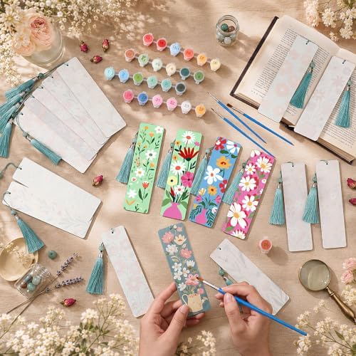 Kosiz 24 Pcs Butterfly Flowers Paint by Number Kit for Adult Wood Bookmark | Mini Paint by Numbers Kit, Painting Decor, Tassels Blank Bookmarks, for Small DIY Craft Book Lovers Gift 7x2 ''