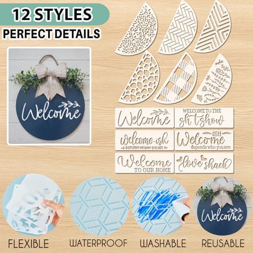 12 Inch Wood Circles for Crafts, 10Pcs Unfinished Wood Rounds with 12Pcs Welcome Stencils & Painting, DIY Wooden Crafts for Door Hanger, Wood Burning, Painting, Gifts for Independence Day Home Decor