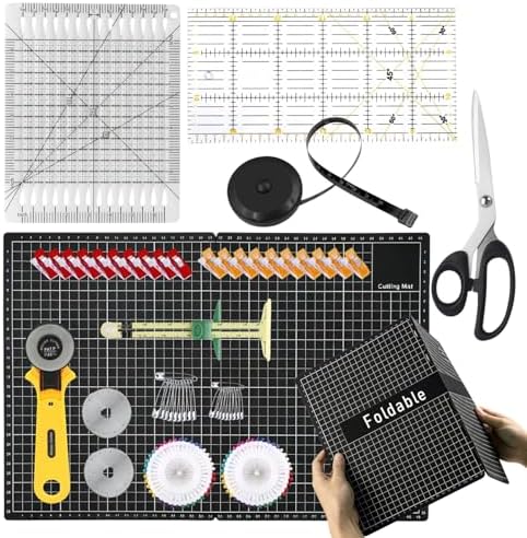 Rotary Cutter Set with A3 Self-Healing Cutting Mat, Fabric Scissors, 2 Blades, Quilting Ruler, Sewing Ruler & Sewing Clips – All-in-One Kit for Quilting, Patchwork, Sewing & Crafting