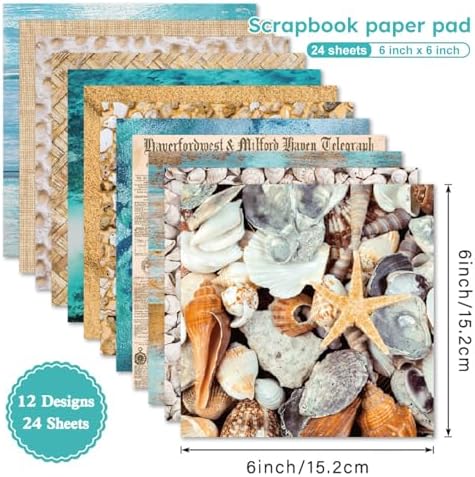 Beach Shell Scrapbooking Paper Pad , 6inch 24 Sheets Sea Aesthetic Patterned Decorative for DIY Art Crafts Collage Journals Decoupage Wrapping Folded Supplies Gift Cards Photo Album