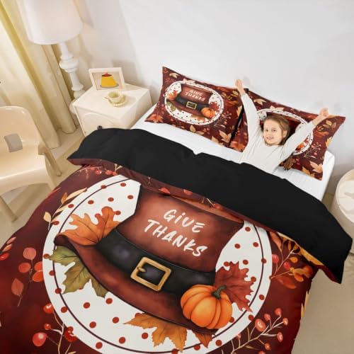 Erosebridal Thanksgiving Hat Duvet Cover King Size Watercolor Fall Maple Bedding Set for Adults Teens Women Autumn Pumpkin Comforter Cover Rustic Harvest Bedclothes Room Decor