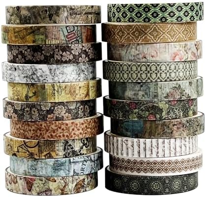 Retro Skinny Washi Tape Set 20 Rolls- Antique Patterns Masking Thin Basic Decorative Tapes for Arts, DIY Crafts, Bullet Journal, Planners, Scrapbook Decor, Gift Wrapping, Junk Journal