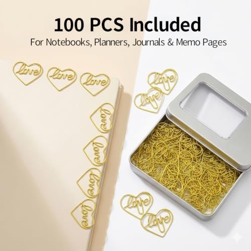 Cute Gold Love Heart Paper Clips 100 Pcs, Planner Bookmark Clips