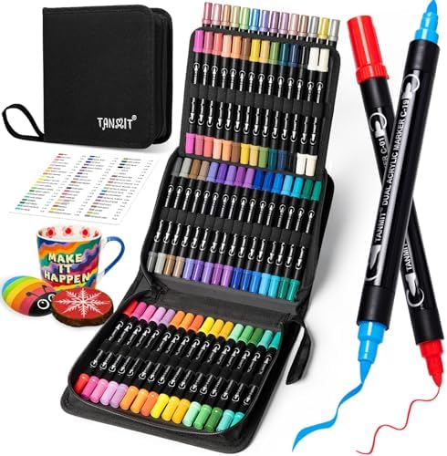 TANMIT 60 Colors Dual Tip Acrylic Paint Markers, Paint Pens Set with Brush Tip and Fine Tip For Fabric, Rock, Wood, Glass, Eggs, Scrapbook, DIY Crafts Making Art Supplies - Teacher Appreciation Gift