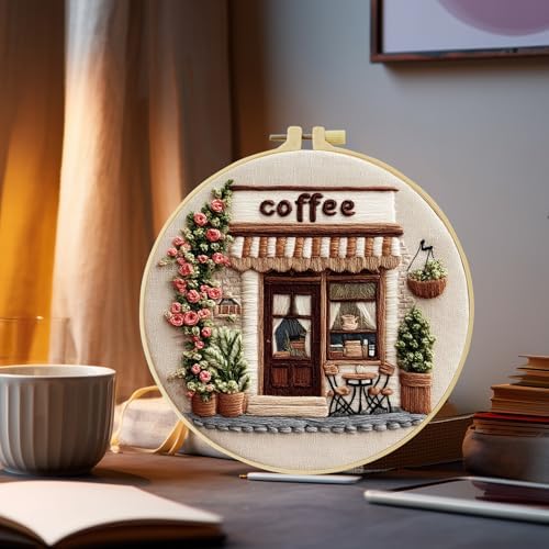 Embroidery Kit for Beginners – Complete Hand Embroidery Starter Set with Hoop, Pattern Cloth, Color Threads & Needles, DIY Embroidery Set for Relaxation, Home Décor & Unique Gifts (Corner Cafe)