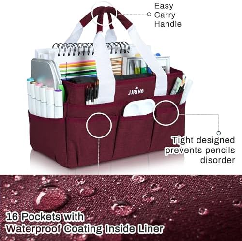 JJRING Craft Organizer Tote Bag Art Storage Caddy Dark Red | With Multiple Pockets For Sewing, Scrapbooking, School, Medical, And Office Supplies