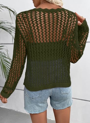 EVALESS Crochet Tops for Women Long Sleeve Hollow Out Knit Sweaters