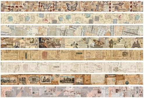 Vintage Washi Tape Set 8 Rolls Thin Retro Decorative Antique Patterns Masking Tapes for Arts, DIY Crafts, Journals, Planners, Scrapbook, Wrapping (Junk Books)