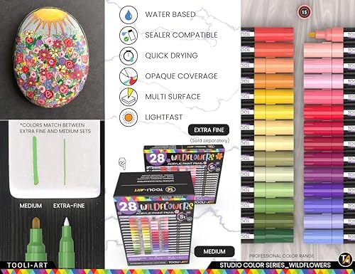 28 Wildflower Colors Acrylic Paint Pens Studio Color Series Markers Set 3mm Medium Tip, Rock Painting, Glass, Mugs, Wood, Metal, Canvas, DIY Projects, Detailing. Non Toxic, Waterbased, Quick Drying