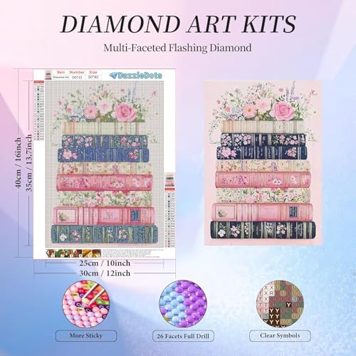 Pink Book Diamond Art Kits for Adults Round Diamond Painting 12x16 Inch