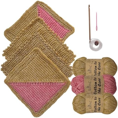 Tunisian Crochet Dishcloth Kit for Beginners - Camel Brown + Flamingo Pink