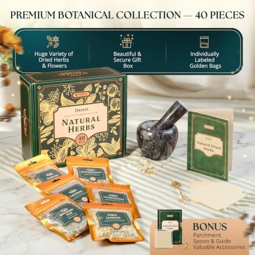 Wyspell 40 Pcs Dried Herbs and Flowers for Witchcraft, Candle & Soap Making | Premium Botanical Collection, Huge Variety, Beautiful Gift Box, Labeled Golden Bags, Bonus Parchment, Spoon & Guide