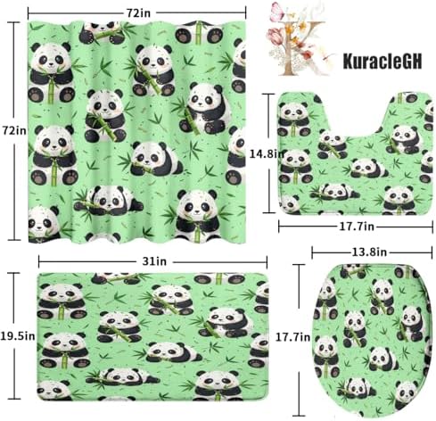 Cartoon Kawii Baby Panda Shower Curtain Sets 4 Piece,Cute Spring Forest Bamboo Trees Bathroom Decor Sets with Rugs,Funny Animal Panda Bears Waterproof Toilet Lid Cover Bath Mat