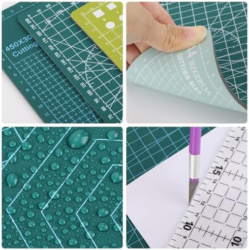 3Pcs Self Healing Cutting Mat with Knife and Quilting Ruler，3 Size Non-Slip Cutting Mat for Crafts Hobby Project， A3/A4/A5，Green