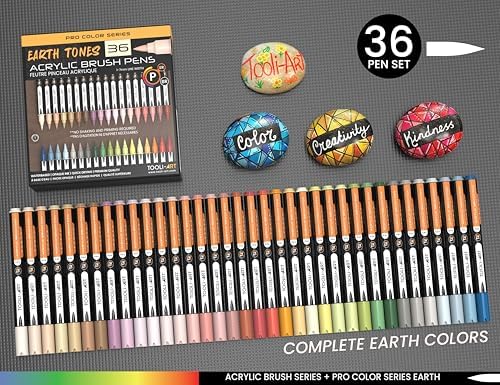 TOOLI-ART 36 Flexible Brush Tip Earth Tones Acrylic Paint Pens Markers Set 1-7mm Line for Rock Painting, Glass, Mugs, Wood, Metal, Canvas, Plastic. Non Toxic Waterbased Quick Drying