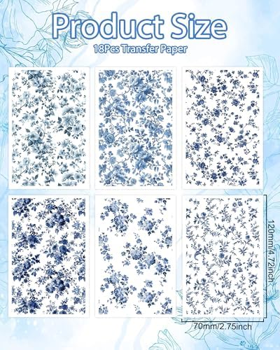 Puocaon Blue Flower Clay Transfer Paper - 18 Pcs Traditional Chinoiserie Art Design Transfer Sheets for Polymer Clay Blue Floral Earrings Design Jewelry Making