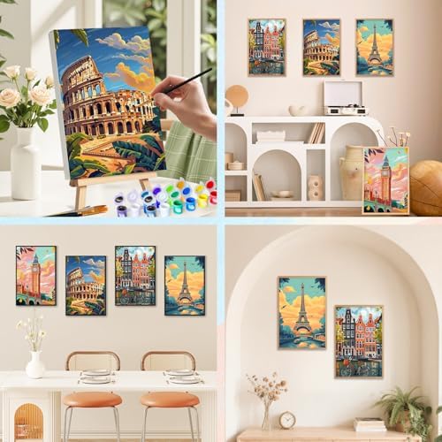 Camocin 4 Pack Framed Paint by Numbers Kit for Adults with Wooden Easel | Paris London Rome European Cityscape Artwork, DIY Canvas Painting Set, Home Wall Decor, Beginner Friendly, 8x12 Inch