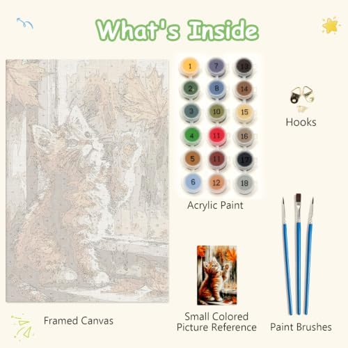 Spandrel Framed Paint by Numbers Cat Kit for Adult, Autumn Adult Paint by Number Kits on Canvas, DIY Acrylic Oil Easy Halloween Painting by Numbers Fall for Home Wall Decor, 8x12in
