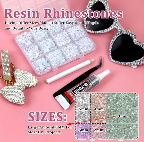 10000PCS White AB Rhinestones Bedazzling Gems 2/3/4/5/6MM Mix Sizes Resin Jelly Bedazzler Kit Flatback with Complete Tools for DIY, Nail, Art Craft for Girls Gift