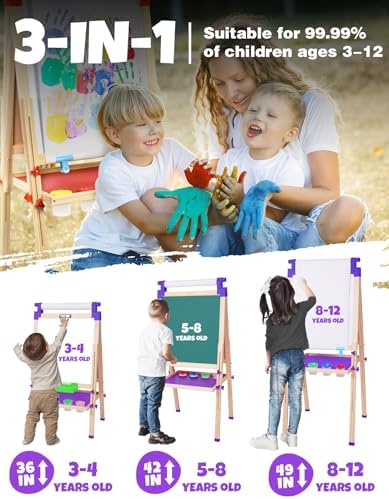 Joyooss Art Easel for Kids Easels for Toddler with Paper roll Purple | Wooden Chalkboard for Kids Adjustable Double Sided Dry Erase Board,Toddler Art Easels for Kid Ages 4-8
