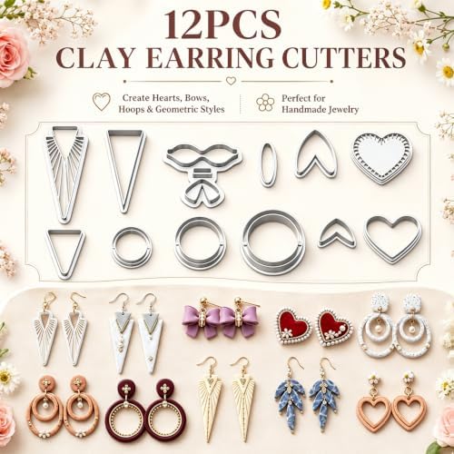 12Pcs Polymer Clay Earring Cutters, Bow Heart Circle Triangle Shapes