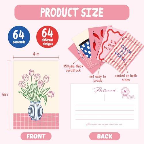 64Pcs Pink Coquette Room Decor Postcards, 4x6 Post Cards for Mailing, Coquette Posters Wall Collage Kit for Teen Girls Room Decor, Trendy Pink Wall Decor Aesthetic