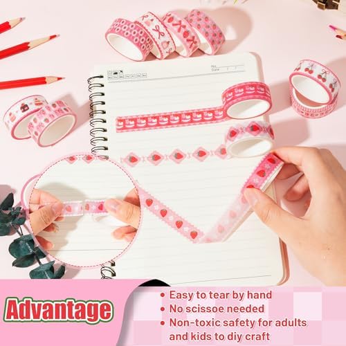 Pink Strawberry Washi Tape - 12 Rolls Waterproof Cute Bow Sweets Desserts Self Adhesive Decorative Paper for Gift Wrapping Scrapbook Journaling Kitchen Birthday Party Favor Craft Supplies