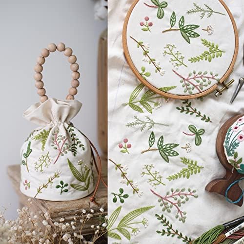 Smart-Feather Embroidery Drawstring Bag Kits with Patterns, Needlepoint Sewing Handbag Kit for Beginners, Embroidery Start Kit with Hoop