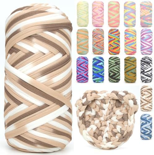 Tshirt Yarn for Crocheting,Rainbow T Shirt Chunky Elastic Fabric Thick T-Shirt Crochet Yarn for Beginners Crocheting Hand Knitting Bag/Basket/Coasters/DIY Crafts/Home Decor 200G-Coffee White Brown