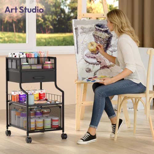 SWTYMIKI Under Desk Storage Cart- Art Storage Cart with Drawers & DIY Divider - Office Cart Organizer Under Desk Shelf, Craft Rolling Cart for Office, Craft Room & Studio Black