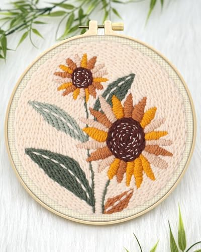 ERKOON Punch Needle Kit Beginners Adults, DIY Easy Flower Embroidery Set for Starter Art Craft, Needling Punching Project with Patterns, Tools, Yarns, Hoop, Instruction (Sunflowers)