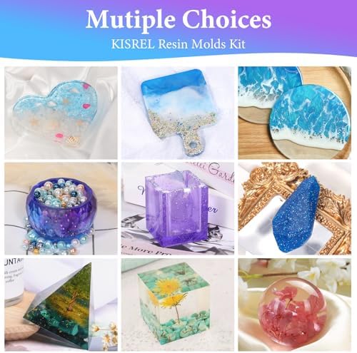 KISREL Resin Molds Kit 12PCS, Epoxy Resin Silicone Molds, Resin Mold Including Cube, Pen Container, Pyramid, Tray, Love, Round, Square, Ball, Flowerpot, Cuboid, Crystal