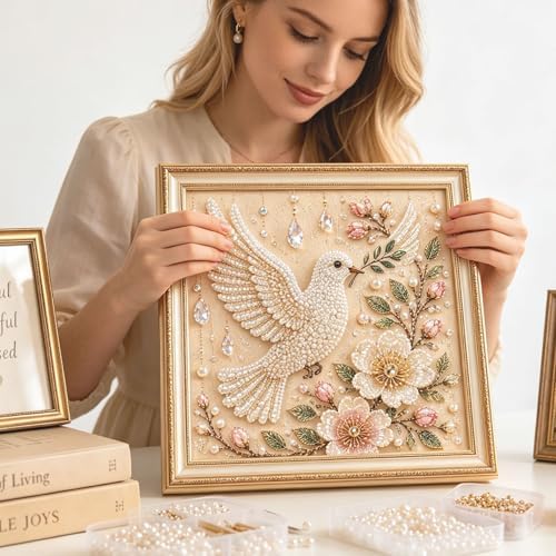Pearl Art Kits for Adults Bird Flower DIY Beaded Embroidery Kits with Crystal Rhinestones Pearl Painting Craft Kit with Pre-Printed Canvas Handmade Home Wall Decor Gift (White Bird)