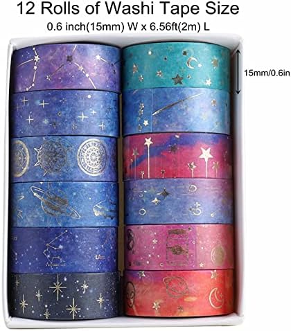 12 Rolls Galaxy Washi Tape Set, Gold Foil Decorative Masking Tape for Scrapbooking, Journal, Planner, DIY Crafts, Gift Wrapping