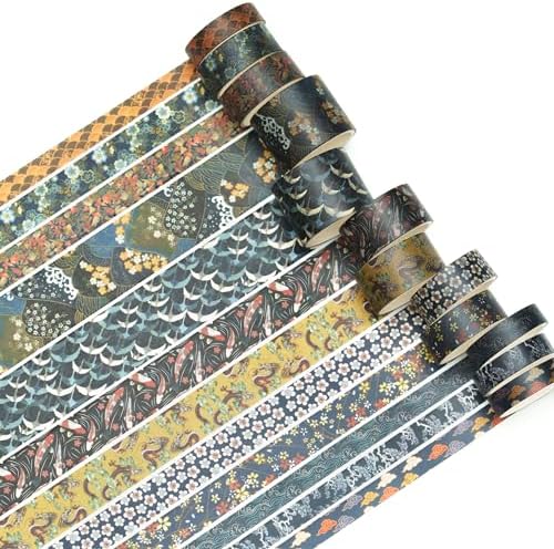 12 Rolls Kyoto Charm Washi Tape Set Japanese Arts Adhesive Tapes Geometric Garden Decorative Masking Tape Sets for Craft, Kids, Scrapbook, DIY, Gift Wrapping (Cerulean Showa)