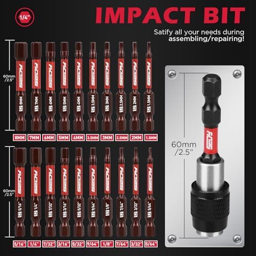 21-Piece 2.5" Hex Head Allen Wrench Drill Bit Set, 1/4" Hex Screwdriver Bits Set with Durable Magnetic Impact Bit Holder, SAE & Metric Allen Key, S2 Steel, Mechanic Home Repair