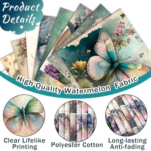 HunnmingRe 20 Pcs 10''x10'' Vintage Butterfly Quilting Fabric Square Spring Floral Precuts Quilted Fabric Bundle Watercolor Butterfly Printed Sewing Material for Holiday Patchwork DIY Craft Supplies