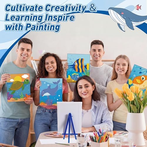 Blosssound 10 Set Pre Printed Canvas Pre Drawn Canvas Painting with Easel Kits 5" x 7" Outline Painting Panels for Beginners, DIY Craft Project, Home Decors(Ocean)
