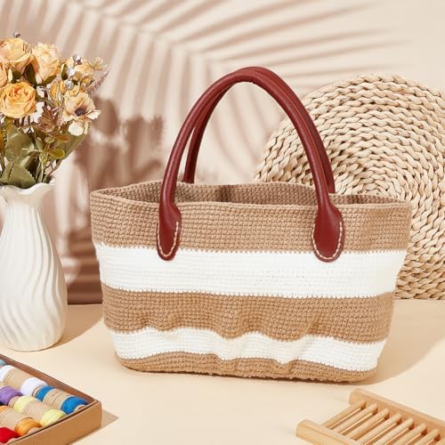 ORIGACH DIY Crochet Handbag Kit for Beginners, Khaki Striped Crochet Bag with PU Leather Band and Base, Complete Crochet Set to Make a Bag, Include Yarn, Crochet Hooks, Markers and Instruction