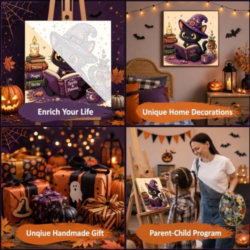 Mandun Halloween Cat Paint by Numbers Kit for Kids, 8x8 inch