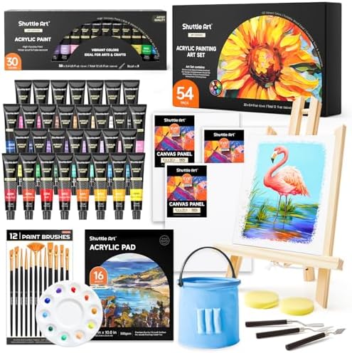 Shuttle Art 54 Pack Acrylic Paint Set, Acrylic Painting Set with 30 Colors Acrylic Paint, Wooden Easel, Painting Canvas, Paint Brushes, Palette, Art Painting Supplies for Kids Adults Beginner Artists