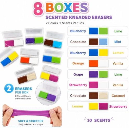 Scented Kneaded Erasers, 10 Colors & 10 Scents, Soft Kneadable Erasers for Drawing, Sketching, Graphite & Charcoal, Putty Eraser with Individual Storage Cases (8, 10 Colors)